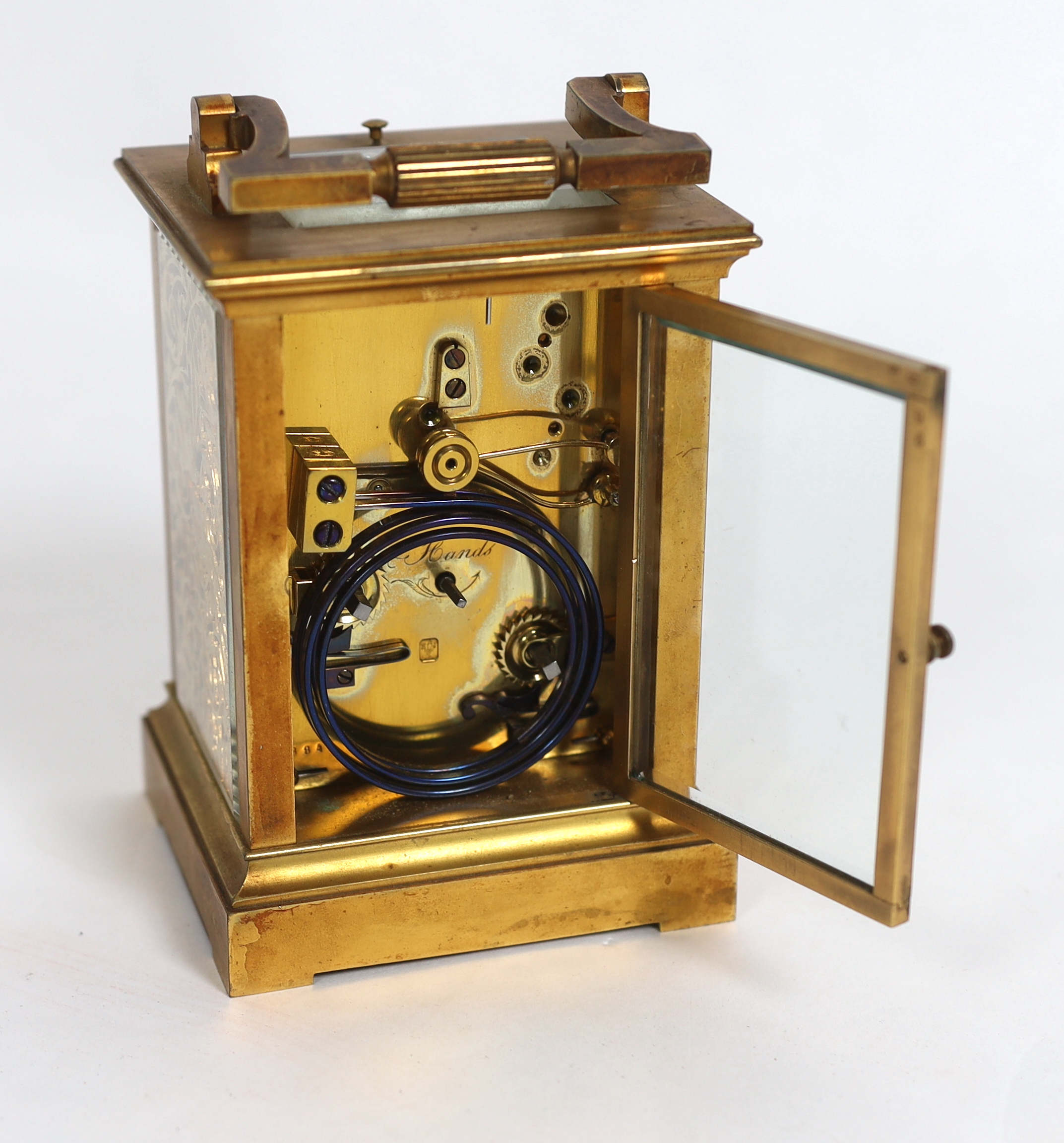 Henri Jacot. A late 19th century French quarter repeating carriage clock, circa 1885